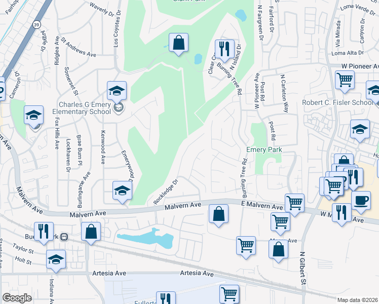 map of restaurants, bars, coffee shops, grocery stores, and more near 5422 Rockledge Drive in Buena Park
