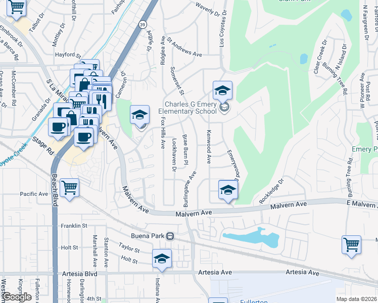 map of restaurants, bars, coffee shops, grocery stores, and more near 5432 Brae Burn Place in Buena Park