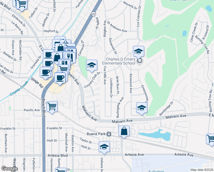 map of restaurants, bars, coffee shops, grocery stores, and more near 5421 Lockhaven Drive in Buena Park