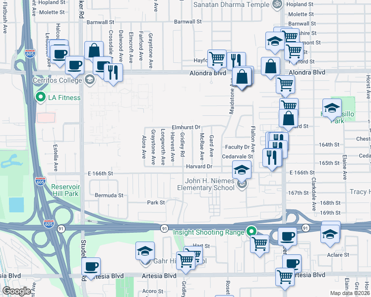 map of restaurants, bars, coffee shops, grocery stores, and more near 16409 Sylvanwood Avenue in Norwalk