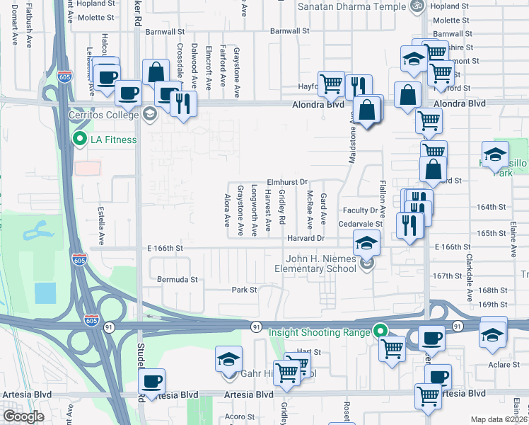 map of restaurants, bars, coffee shops, grocery stores, and more near 16407 Harvest Avenue in Norwalk