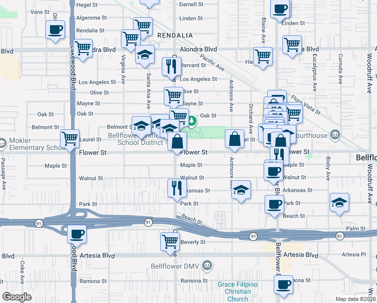 map of restaurants, bars, coffee shops, grocery stores, and more near 9438 Flower Street in Bellflower