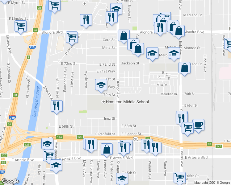 map of restaurants, bars, coffee shops, grocery stores, and more near 7011 Orange Avenue in Long Beach