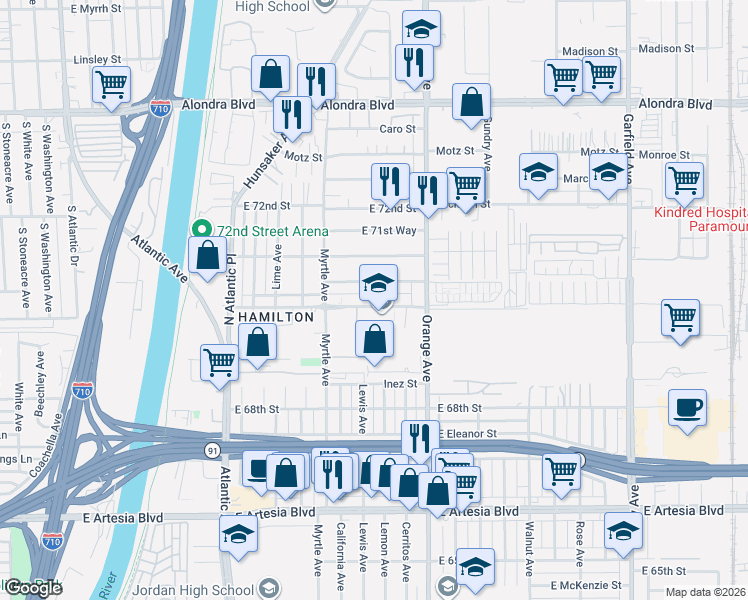 map of restaurants, bars, coffee shops, grocery stores, and more near 1107 70th Street in Long Beach