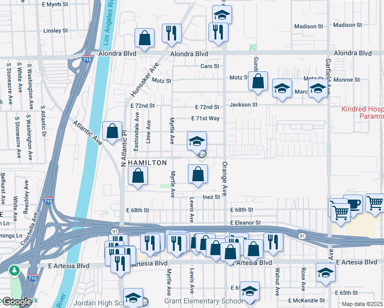 map of restaurants, bars, coffee shops, grocery stores, and more near 1023 70th Street in Long Beach