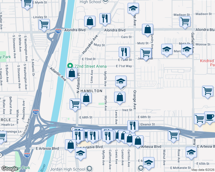 map of restaurants, bars, coffee shops, grocery stores, and more near 831 70th Street in Long Beach