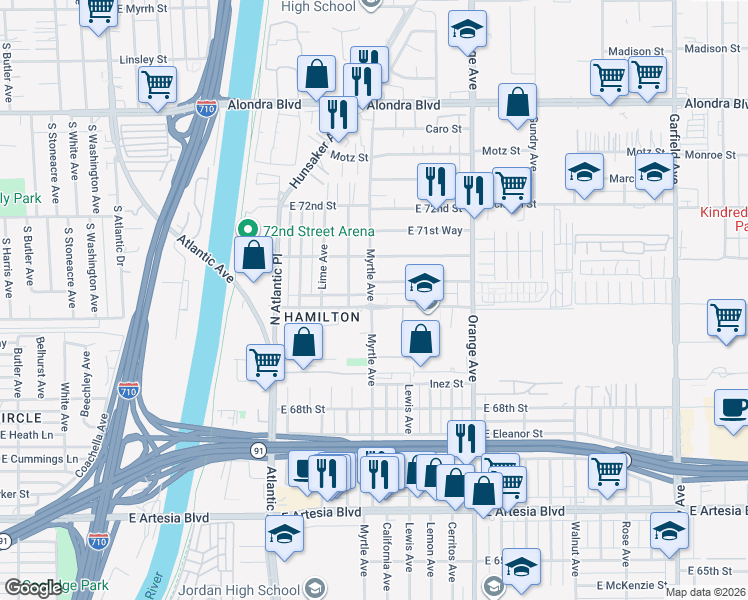 map of restaurants, bars, coffee shops, grocery stores, and more near 831 70th Street in Long Beach
