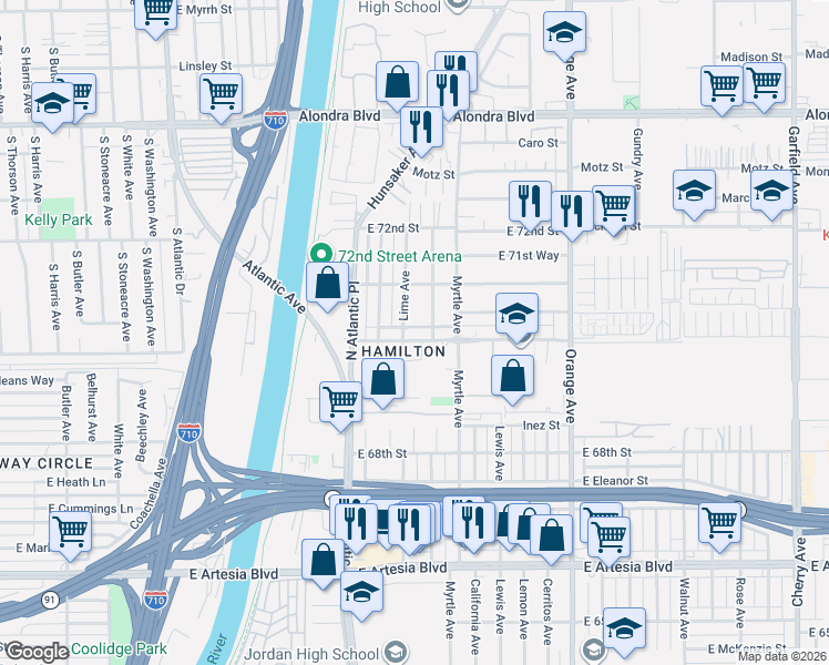 map of restaurants, bars, coffee shops, grocery stores, and more near in Long Beach