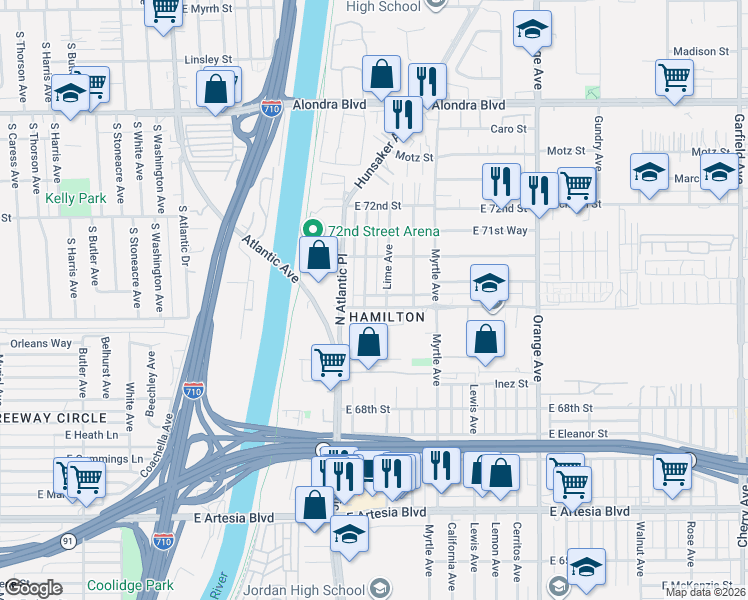 map of restaurants, bars, coffee shops, grocery stores, and more near 631 70th Street in Long Beach