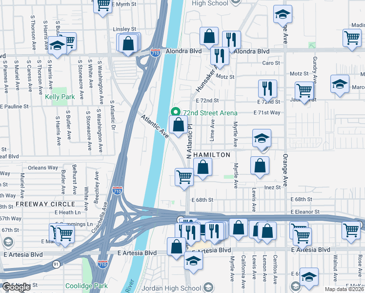 map of restaurants, bars, coffee shops, grocery stores, and more near 7009 North Atlantic Place in Long Beach