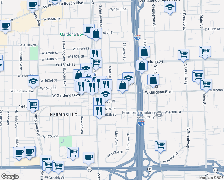 map of restaurants, bars, coffee shops, grocery stores, and more near 743 West Gardena Boulevard in Gardena