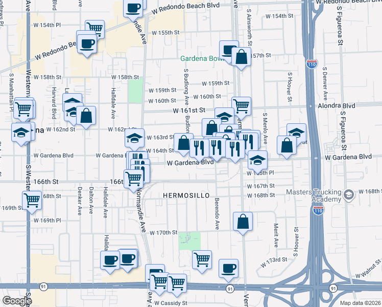 map of restaurants, bars, coffee shops, grocery stores, and more near 16409 Budlong Avenue in Gardena