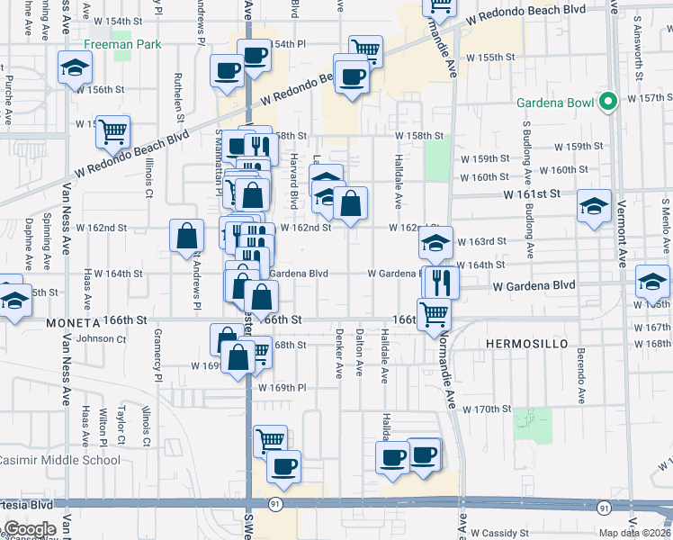 map of restaurants, bars, coffee shops, grocery stores, and more near 1619 West Gardena Boulevard in Gardena
