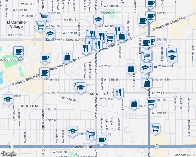 map of restaurants, bars, coffee shops, grocery stores, and more near 16333 Haas Avenue in Torrance