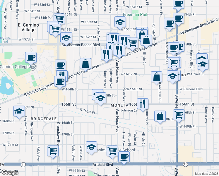 map of restaurants, bars, coffee shops, grocery stores, and more near 2221 West 164th Street in Torrance