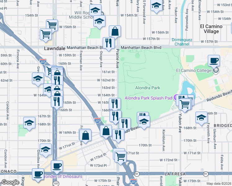 map of restaurants, bars, coffee shops, grocery stores, and more near in Lawndale