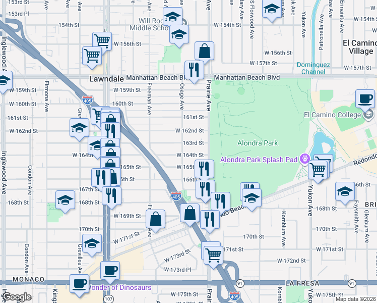 map of restaurants, bars, coffee shops, grocery stores, and more near 4049 West 164th Street in Lawndale