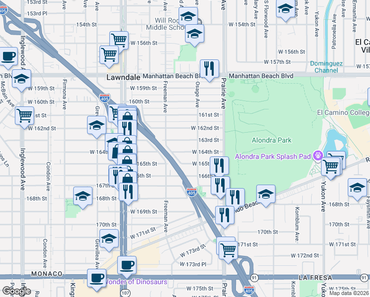 map of restaurants, bars, coffee shops, grocery stores, and more near 4123 West 164th Street in Lawndale