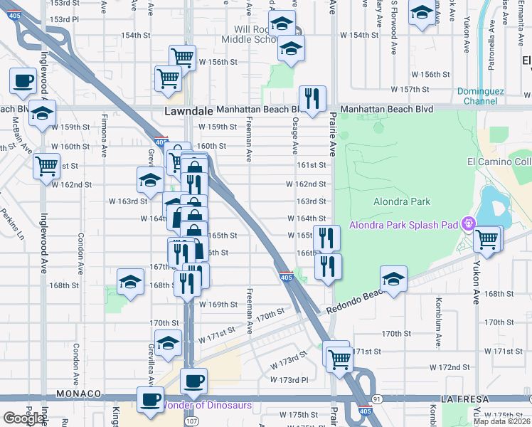 map of restaurants, bars, coffee shops, grocery stores, and more near 16318 Freeman Avenue in Lawndale