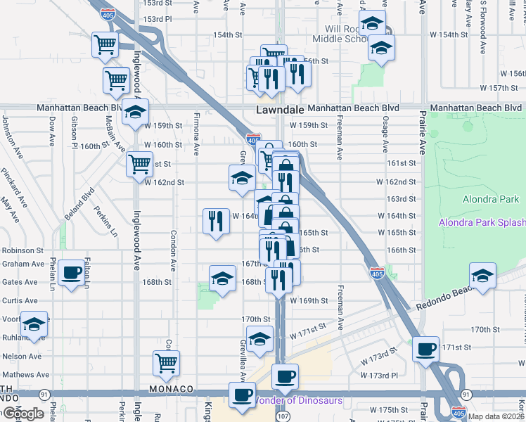 map of restaurants, bars, coffee shops, grocery stores, and more near 16325 Hawthorne Boulevard in Lawndale