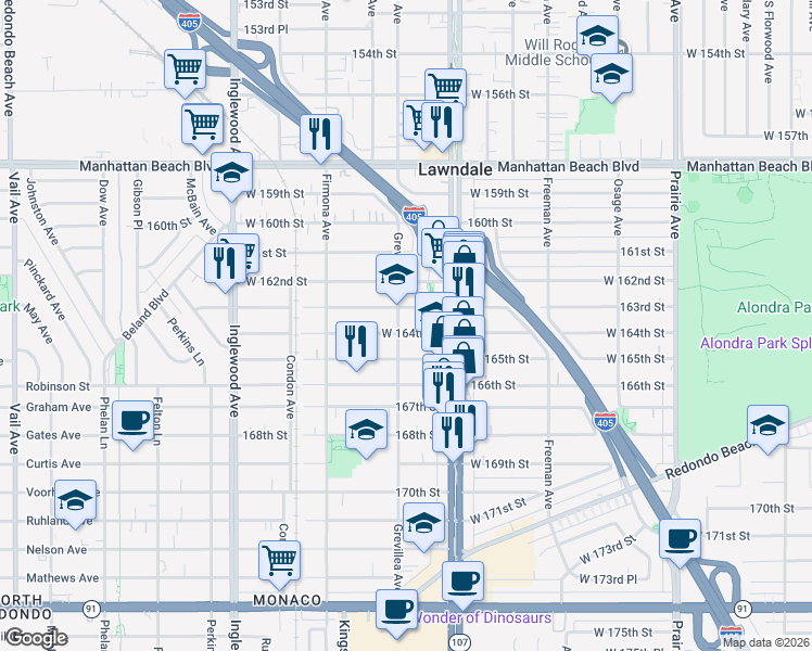 map of restaurants, bars, coffee shops, grocery stores, and more near 4449 West 164th Street in Lawndale