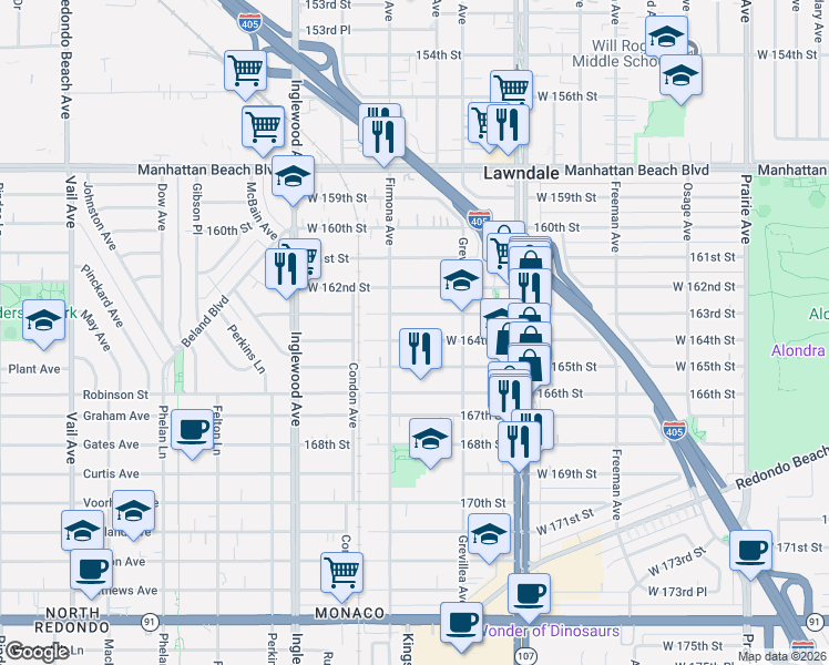 map of restaurants, bars, coffee shops, grocery stores, and more near 4536 West 164th Street in Lawndale