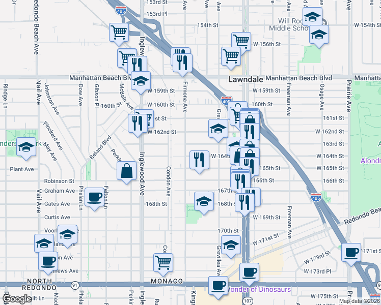 map of restaurants, bars, coffee shops, grocery stores, and more near 4581 West 164th Street in Lawndale