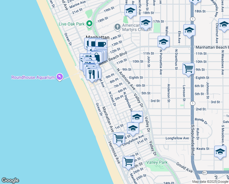 map of restaurants, bars, coffee shops, grocery stores, and more near 332 6th Place in Manhattan Beach