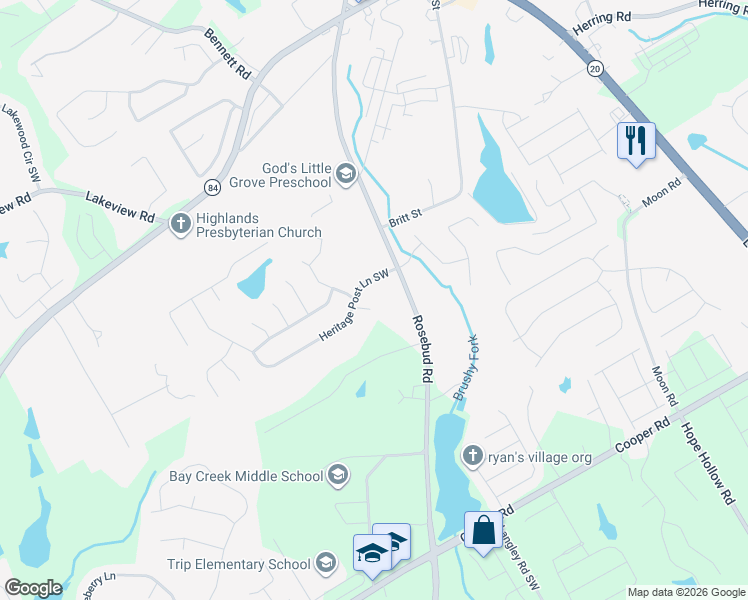 map of restaurants, bars, coffee shops, grocery stores, and more near 2740 Heritage Bend Court in Grayson