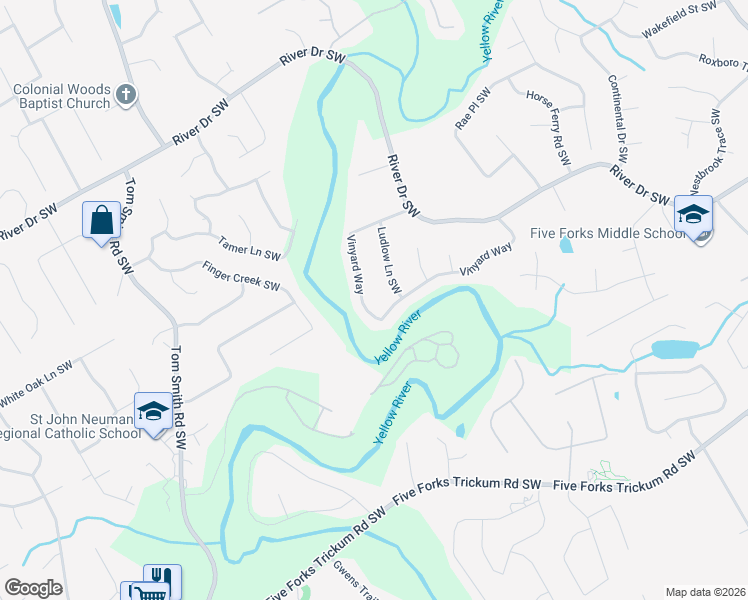 map of restaurants, bars, coffee shops, grocery stores, and more near 3642 Vinyard Way in Lawrenceville