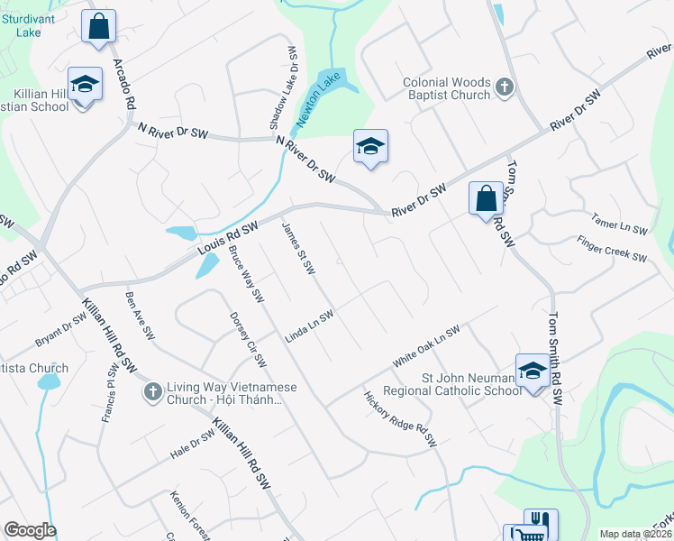 map of restaurants, bars, coffee shops, grocery stores, and more near 471 Johannah Place Southwest in Lilburn
