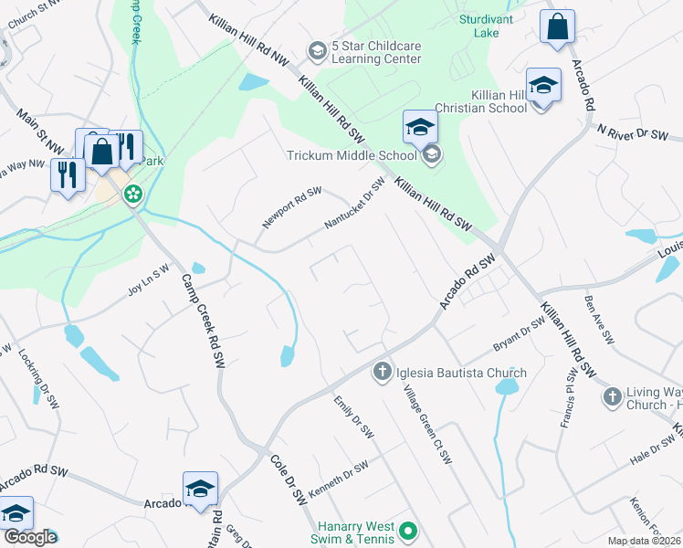 map of restaurants, bars, coffee shops, grocery stores, and more near 198 Trickum Landing Southwest in Lilburn