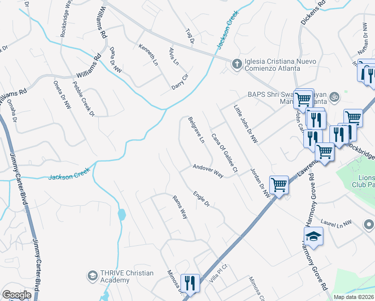 map of restaurants, bars, coffee shops, grocery stores, and more near 711 Belgrave Lane in Tucker