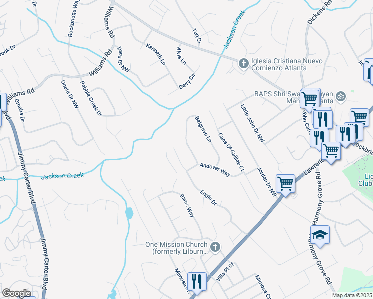 map of restaurants, bars, coffee shops, grocery stores, and more near 701 Belgrave Lane in Tucker