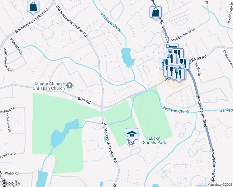 map of restaurants, bars, coffee shops, grocery stores, and more near 6546 Parkside Way in Tucker