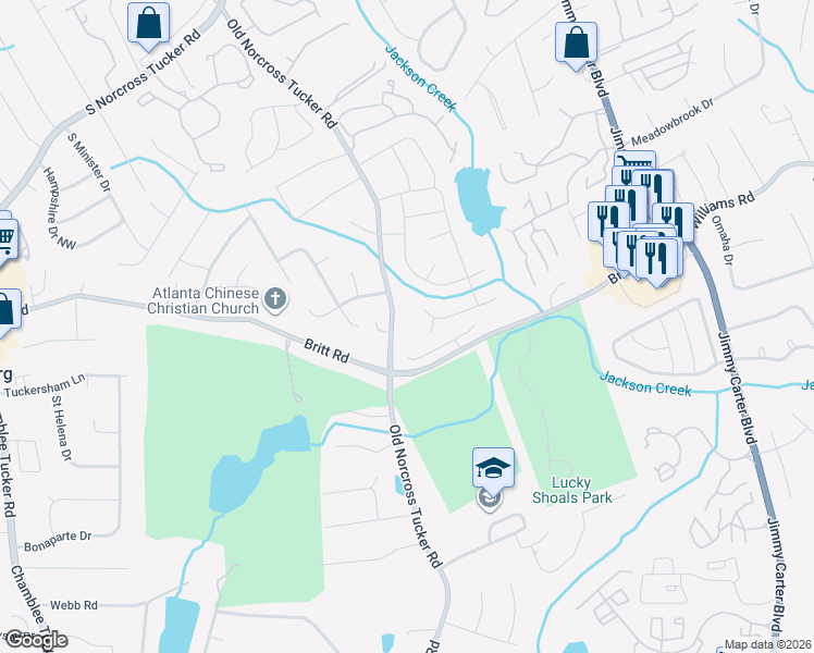 map of restaurants, bars, coffee shops, grocery stores, and more near 872 Old Norcross Tucker Road in Tucker