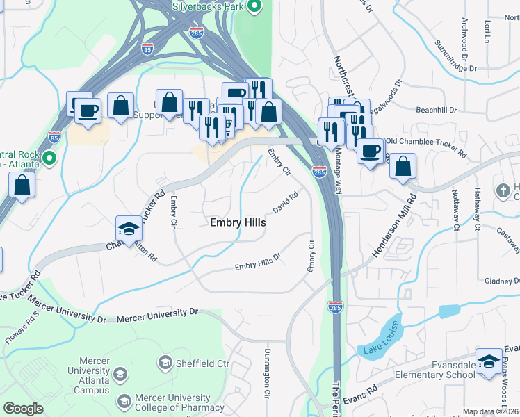 map of restaurants, bars, coffee shops, grocery stores, and more near 3266 David Road in Chamblee
