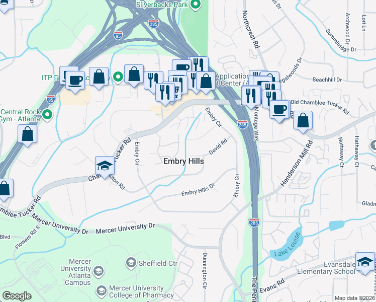 map of restaurants, bars, coffee shops, grocery stores, and more near 3266 David Road in Chamblee