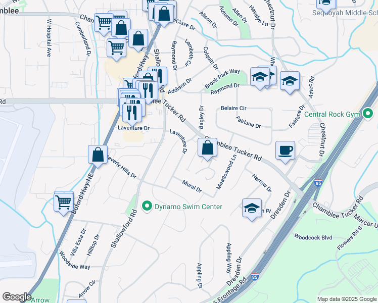 map of restaurants, bars, coffee shops, grocery stores, and more near 3185 Laventure Drive in Atlanta