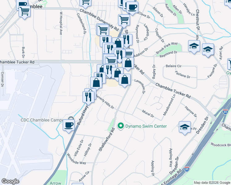 map of restaurants, bars, coffee shops, grocery stores, and more near 2506 Ortega Way in Chamblee
