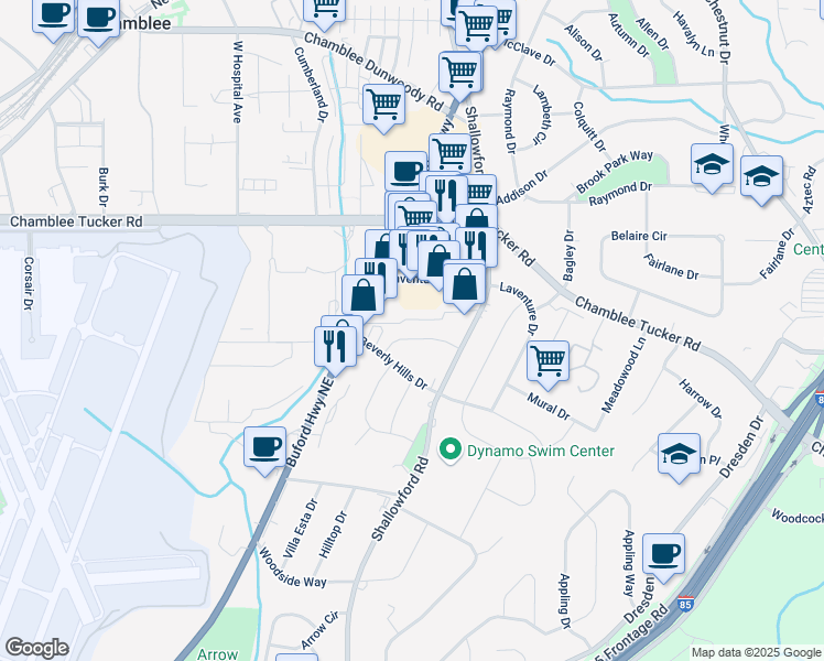 map of restaurants, bars, coffee shops, grocery stores, and more near 2472 Ortega Way in Chamblee