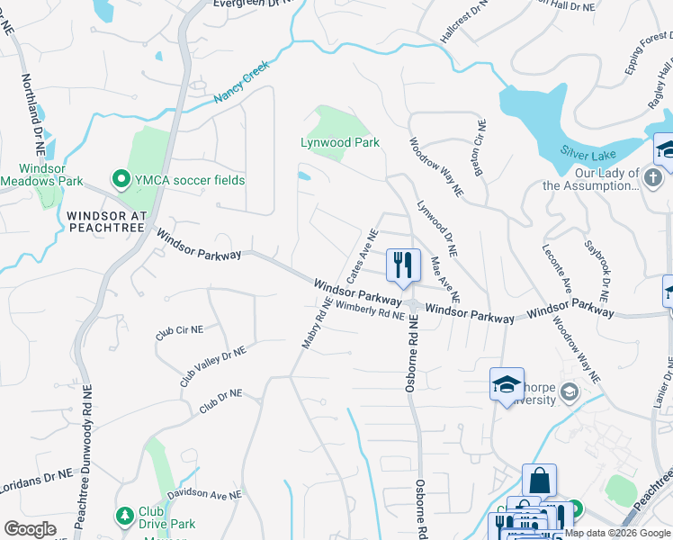 map of restaurants, bars, coffee shops, grocery stores, and more near 1234 Windsor Parkway in Atlanta
