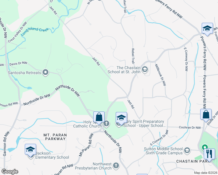 map of restaurants, bars, coffee shops, grocery stores, and more near 4660 Jett Road in Atlanta