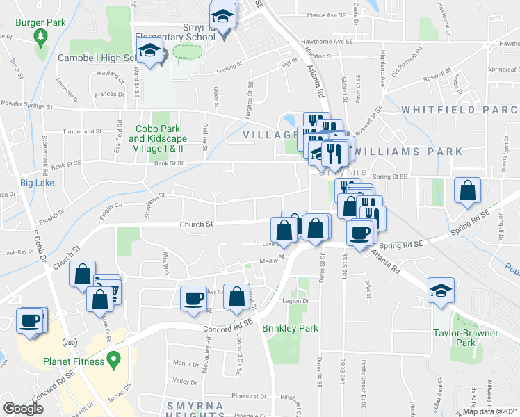 map of restaurants, bars, coffee shops, grocery stores, and more near 2924 Davis Street in Smyrna