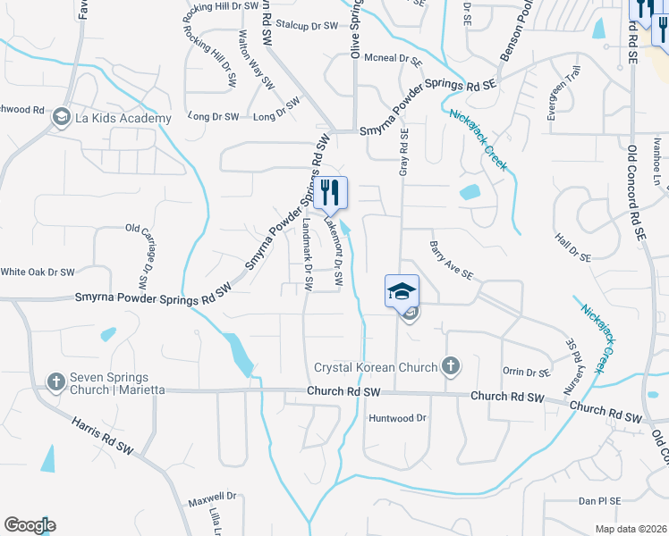 map of restaurants, bars, coffee shops, grocery stores, and more near 111 Jennifer Lane Southwest in Marietta