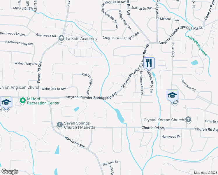 map of restaurants, bars, coffee shops, grocery stores, and more near 2974 Courtland Oaks Trail Southwest in Marietta