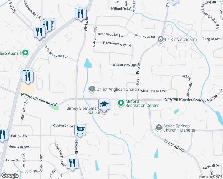 map of restaurants, bars, coffee shops, grocery stores, and more near 2971 Montview Drive Southwest in Marietta