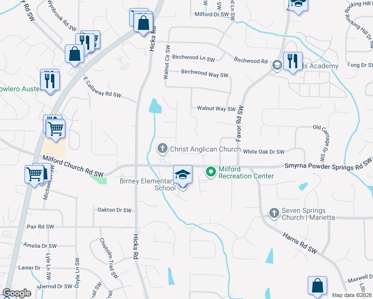 map of restaurants, bars, coffee shops, grocery stores, and more near 2948 Montview Drive Southwest in Marietta