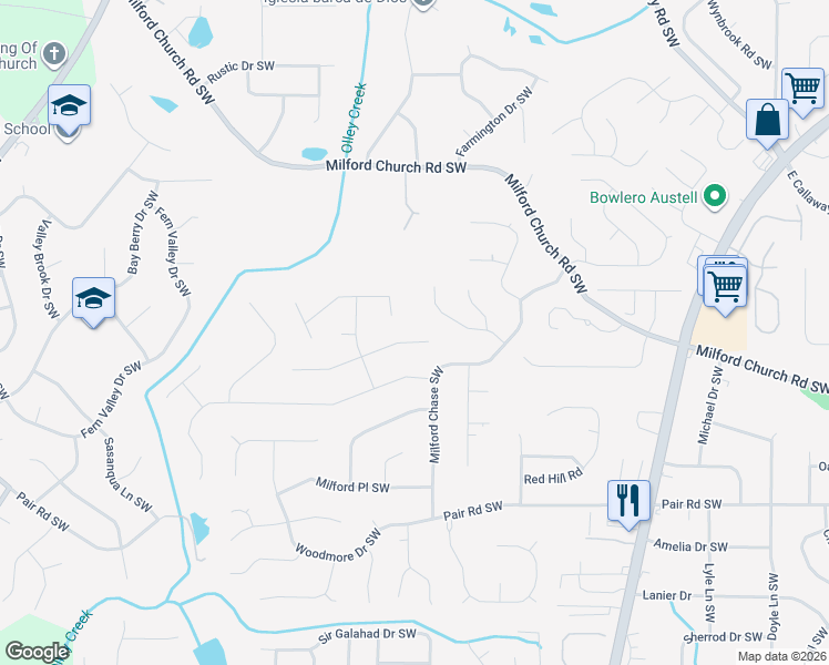 map of restaurants, bars, coffee shops, grocery stores, and more near 1631 Milford Creek Overlook Southwest in Marietta