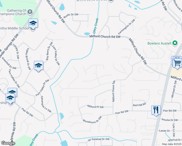 map of restaurants, bars, coffee shops, grocery stores, and more near 1801 Milford Way Southwest in Marietta